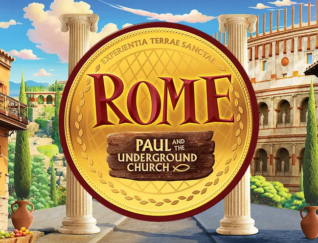 Large gold coin with the text "Rome: Paul and the Underground Church" over illustrated ancient Roman buildings and columns in the background.