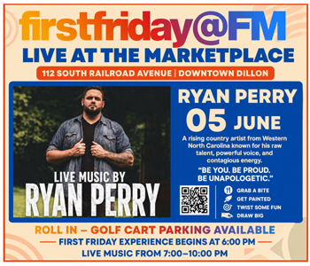 First Friday live music event at the Marketplace featuring Ryan Perry on June 5. Starts at 6:00 PM. Golf cart parking available. 112 South Railroad Avenue, Downtown Dillon.