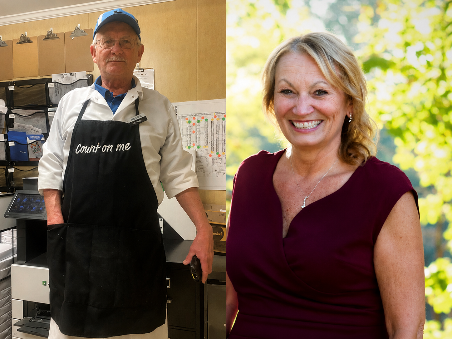 older man in a work apron stands indoors, and a smiling woman in a burgundy dress poses outdoors with green trees in the background.