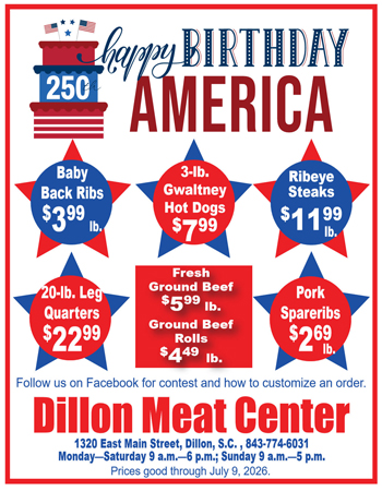 July 4th themed flyer with meat sale prices, including ribs, steaks, hot dogs, ground beef, and store details for Dillon Meat Center, valid through July 9, 2026.