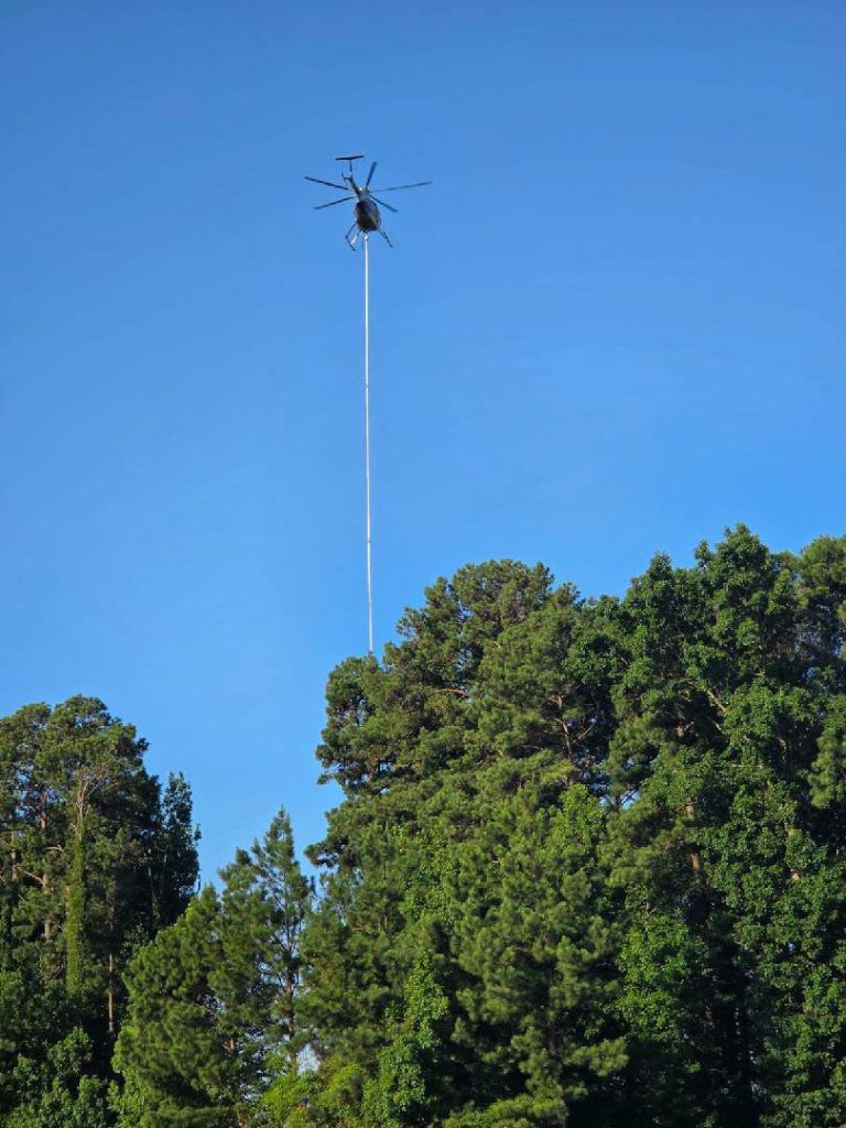 A helicopter hovers above tall green trees, carrying a long pole or cable against a clear blue sky.