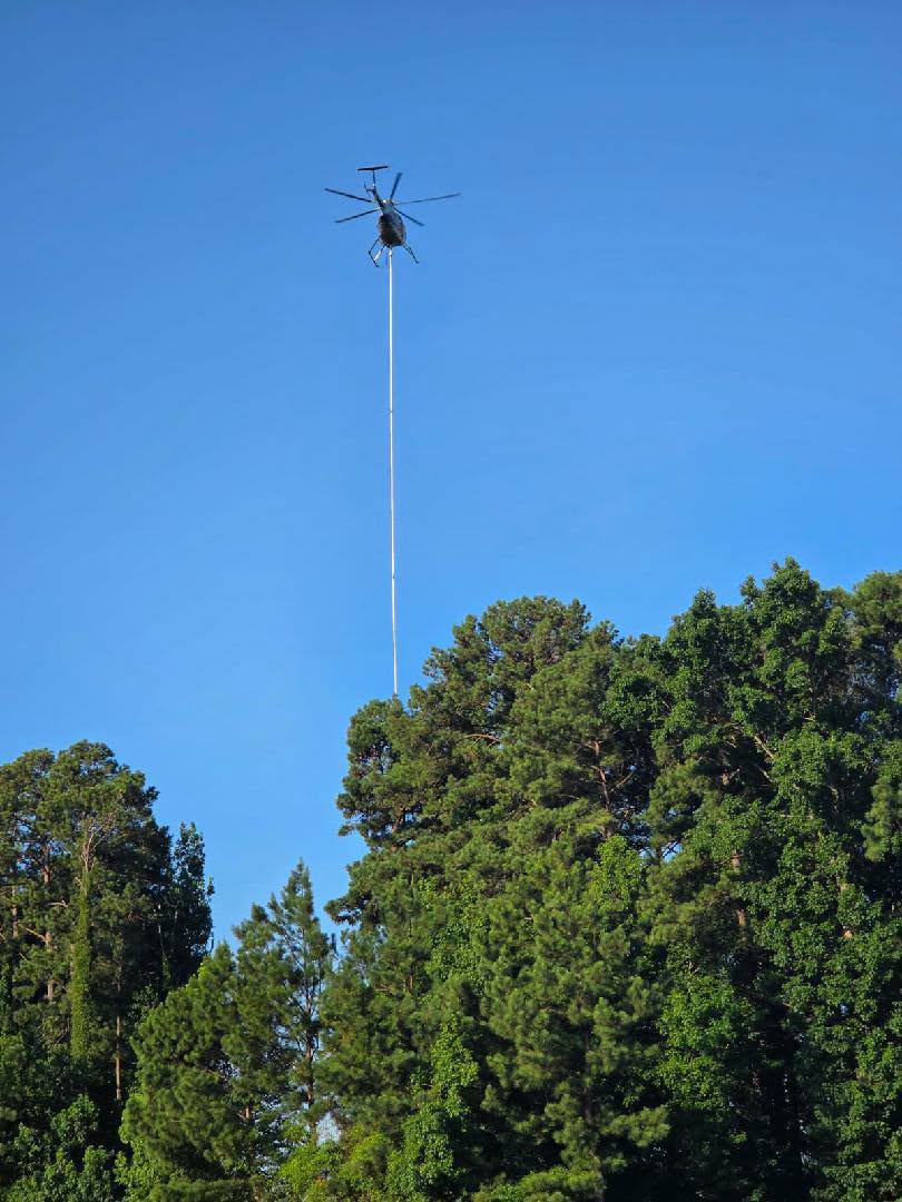 A helicopter hovers above tall green trees, carrying a long pole or cable against a clear blue sky.