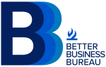 Large stylized blue letter "B" with the words "Better Business Bureau" and a blue torch graphic to the right.