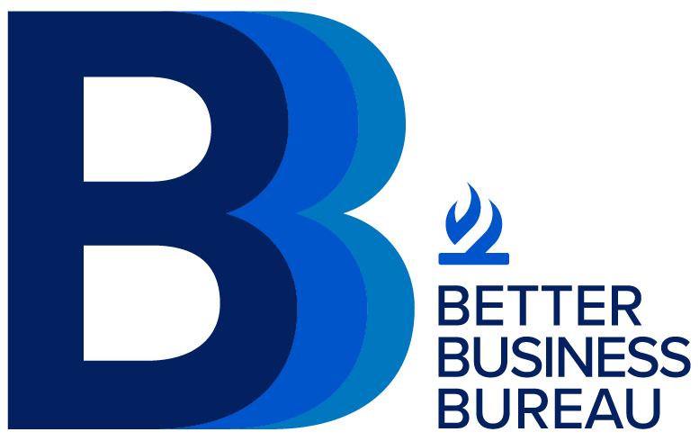 Large stylized blue letter "B" with the words "Better Business Bureau" and a blue torch graphic to the right.