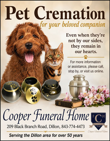 Dog and cat beside pet urns, flowers, and funeral home contact details for pet cremation services, with comforting message about beloved companions.
