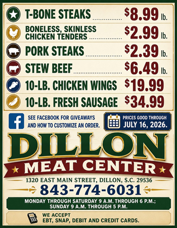Dillon Meat Center flyer with meat prices, store location, phone number, hours, and accepted payment methods. Sale prices valid through July 16, 2026.