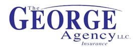Logo for The George Agency LLC Insurance, with blue text and a curved line above "George".