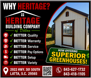 Heritage Building Company ad highlighting better quality, warranty, service, pay options, setup, and variety, now offering superior greenhouses. Includes location and contact information.