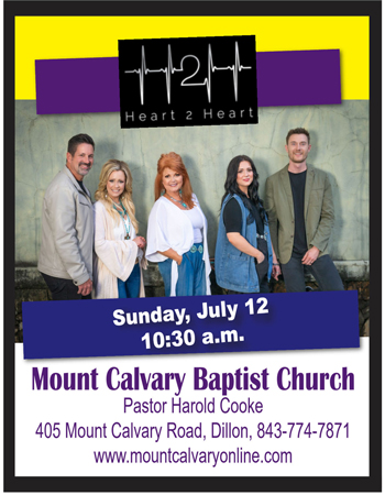 Five adults stand together promoting a Heart 2 Heart event at Mount Calvary Baptist Church, Sunday, July 12 at 10:30 a.m., with contact details included.