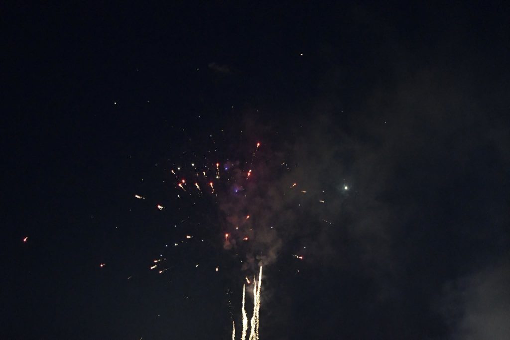 Fireworks bursting in the night sky with bright sparks and smoke against a dark background.