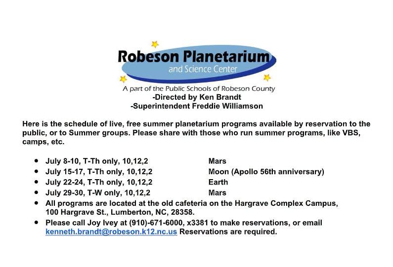 Robeson Planetarium summer program schedule with dates, topics (Mars, Moon, Earth), location, and contact information for reservations, directed by Ken Brandt.