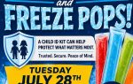 Flyer for free child ID kits and freeze pops event, July 28, 3-5pm, at Marion County Sheriff’s Office, South Carolina. Fun, safe event for families.