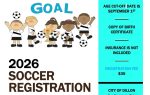 2026 soccer registration flyer for City of Dillon Parks & Recreation with cartoon kids, registration info, fees, age group, and contact details.