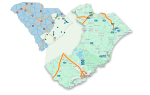 Map of South Carolina highlighting highways, counties, major roads, and numbered locations, with emphasis on Charleston and surrounding coastal and inland areas.
