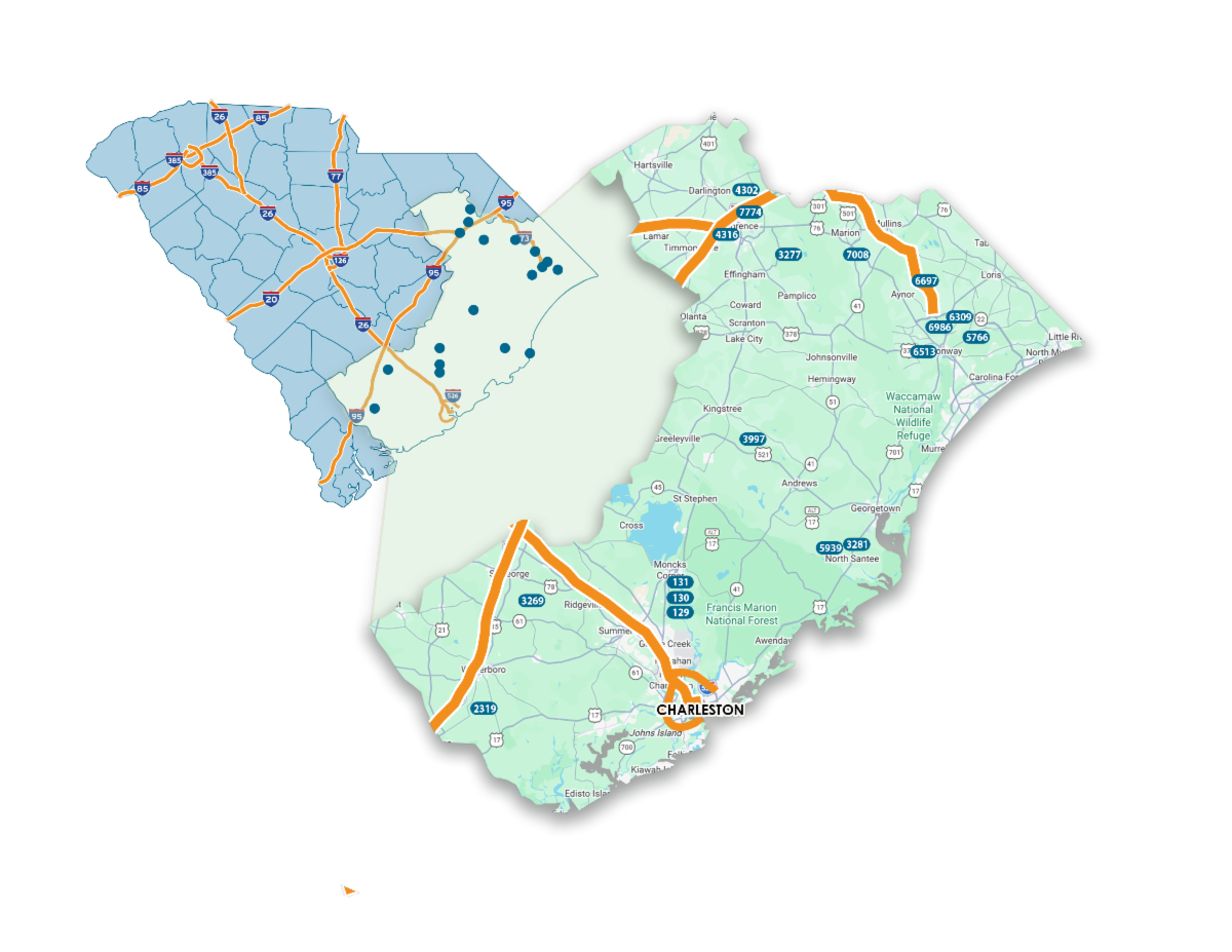 Map of South Carolina highlighting highways, counties, major roads, and numbered locations, with emphasis on Charleston and surrounding coastal and inland areas.