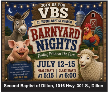 Vacation Bible School "Barnyard Nights" poster with cartoon farm animals, event dates July 12-15, times, Bible verse, and Second Baptist Church location information.