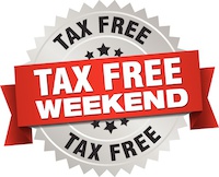 A circular badge with "TAX FREE" and a red ribbon stating "TAX FREE WEEKEND" in bold white letters.