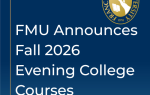 Announcement for FMU Fall 2026 evening college courses, featuring the Francis Marion University seal on a blue background.