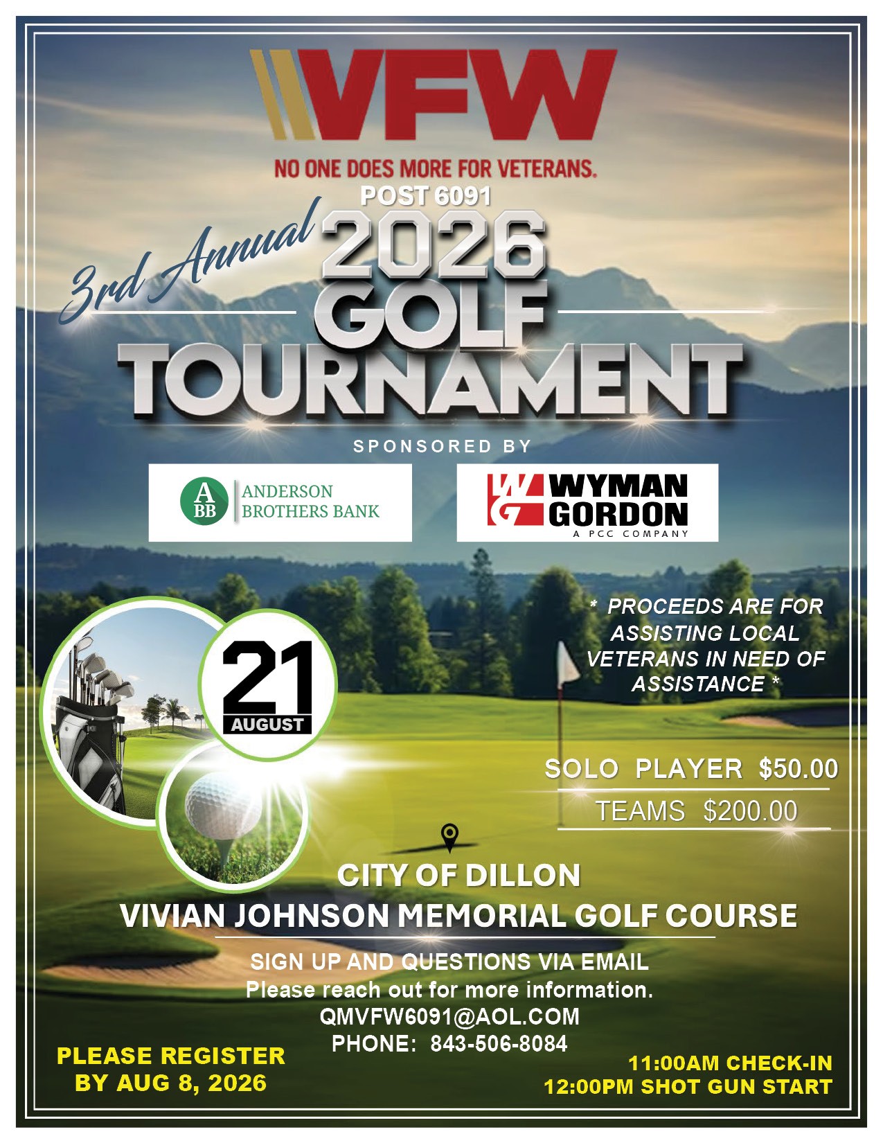 VFW 3rd Annual 2026 Golf Tournament flyer, event on August 21 at Vivian Johnson Memorial Golf Course, Dillon. Registration deadline August 8. Sponsors and contact information included.