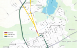 Map of Bennettsville showing road closure, local traffic-only zone, and detour route highlighted in red, yellow, and green lines respectively.