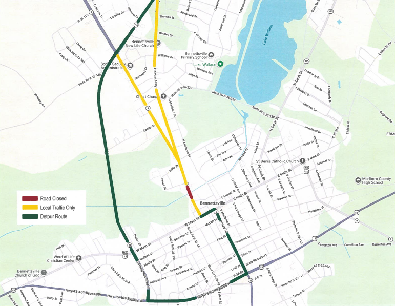 Map of Bennettsville showing road closure, local traffic-only zone, and detour route highlighted in red, yellow, and green lines respectively.