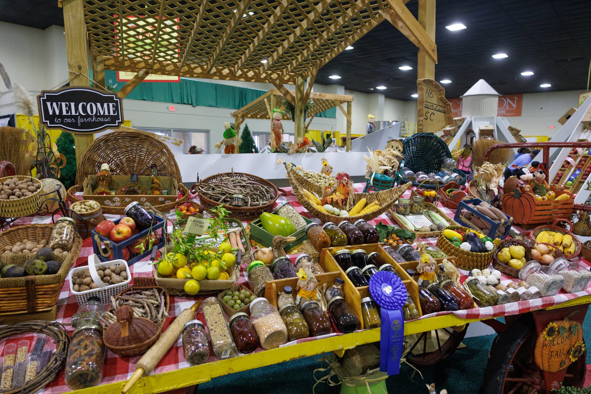 Farmers market display with fruits, vegetables, preserves, nuts, and homemade goods on a checkered table, under a wooden canopy, with a "Welcome to our farmhouse" sign.
