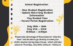 Dillon Elementary School registration dates and information for 2026-2027, with cartoon tiger mascot, books, and paw prints on a black and yellow themed background.