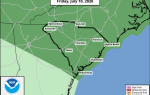 Severe weather outlook map for South Carolina on July 10, 2026, showing marginal risk and thunderstorms across the state with labeled major cities.