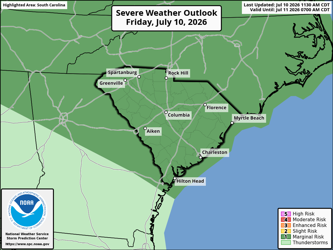 Severe weather outlook map for South Carolina on July 10, 2026, showing marginal risk and thunderstorms across the state with labeled major cities.