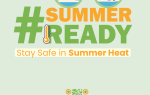 Graphic with sunglasses and text: "#SummerReady. Stay Safe in Summer Heat." Includes thermometer icon and QR code linking to heat safety tips at ready.gov/heat.